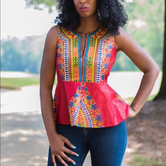Red Dashiki Peplum Blouse - Picture 2 of 3